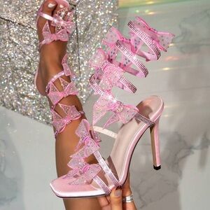 1 Pair Fashionable Women's Super High Heel Sandals With Rhinestone Butterfly